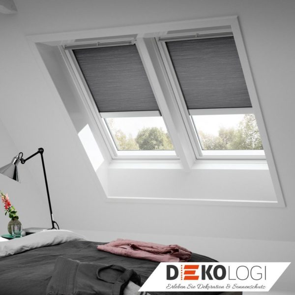 Zwei Velux Elektro Wabenplissee in schwarz