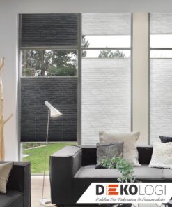 Raumbild mit drei Plissees in weiß und schwarz 2