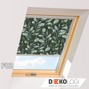 Grünes Dachfensterrollo mit silbernen Schienen Dekor F02